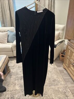 BLANK Black Velvet Long Sleeve Dress with Diagonal Satin Panel